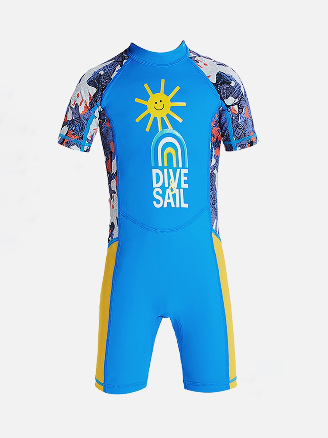 Sky Blue & Yellow Sunshine Printed Kids Knee Length UPF 50+ Swimwear