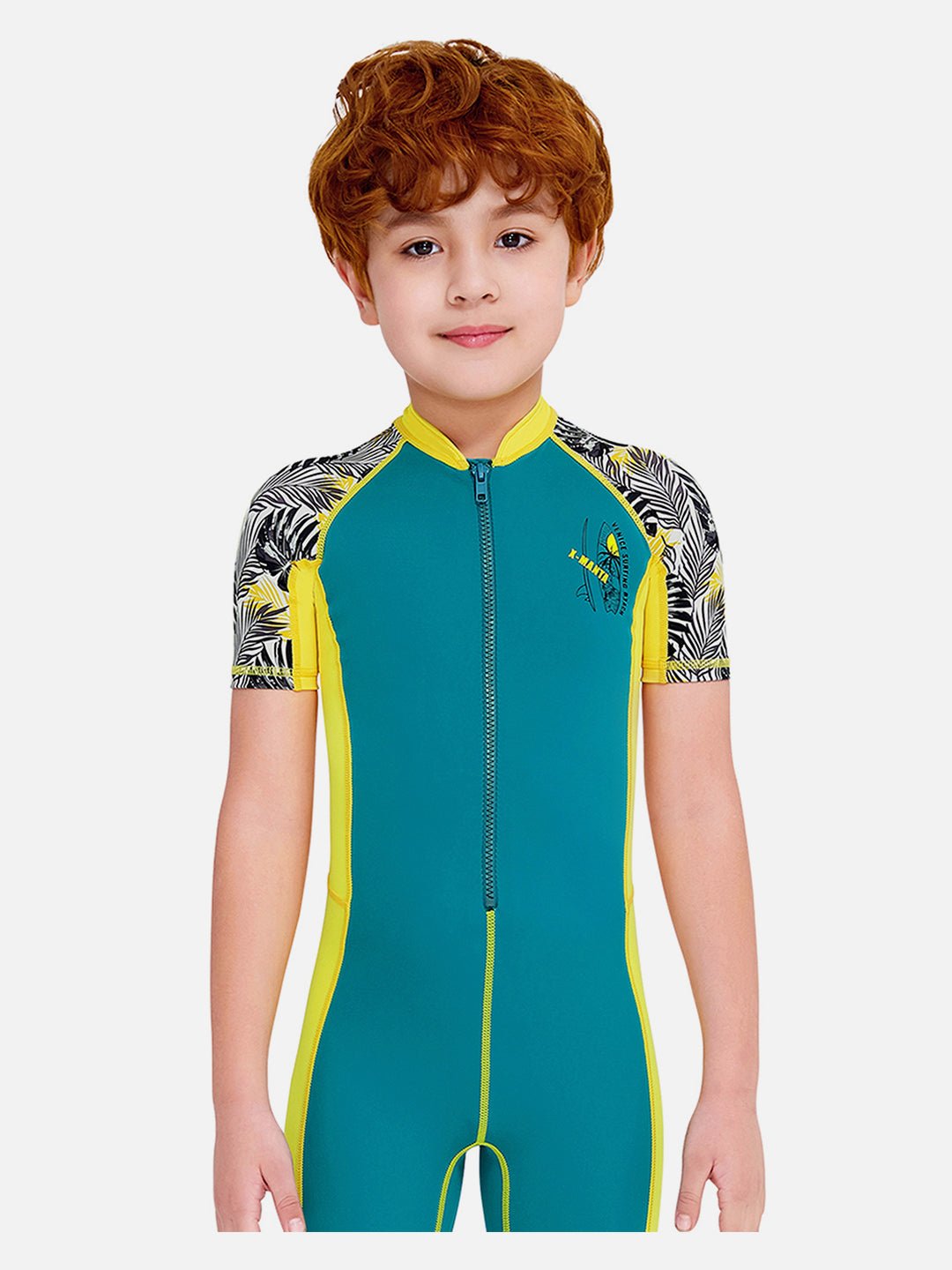 Yellow & Green Palm Leaves Printed Kids UPF 50+ Knee Length Swimsuit