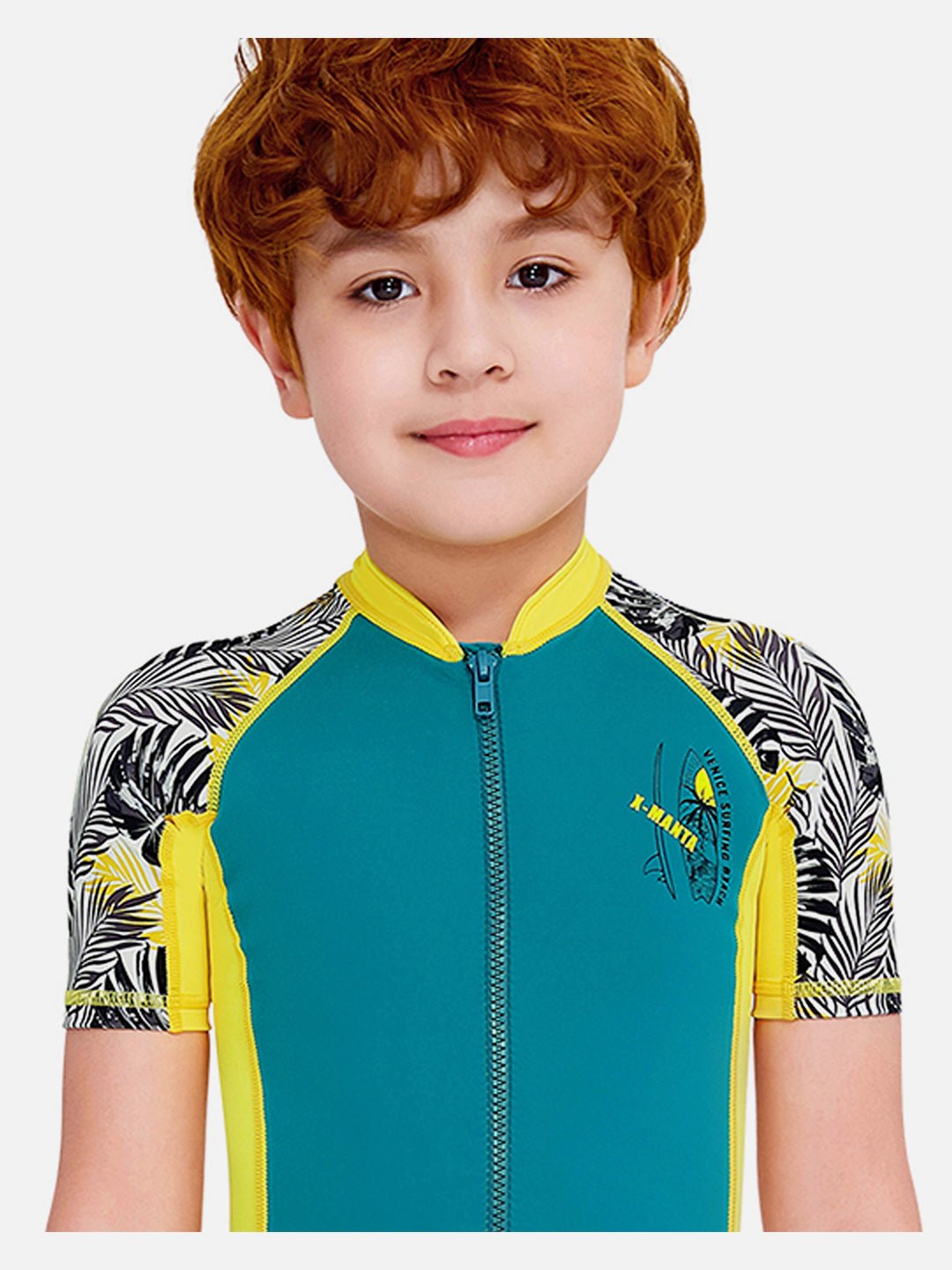 Yellow & Green Palm Leaves Printed Kids UPF 50+ Knee Length Swimsuit