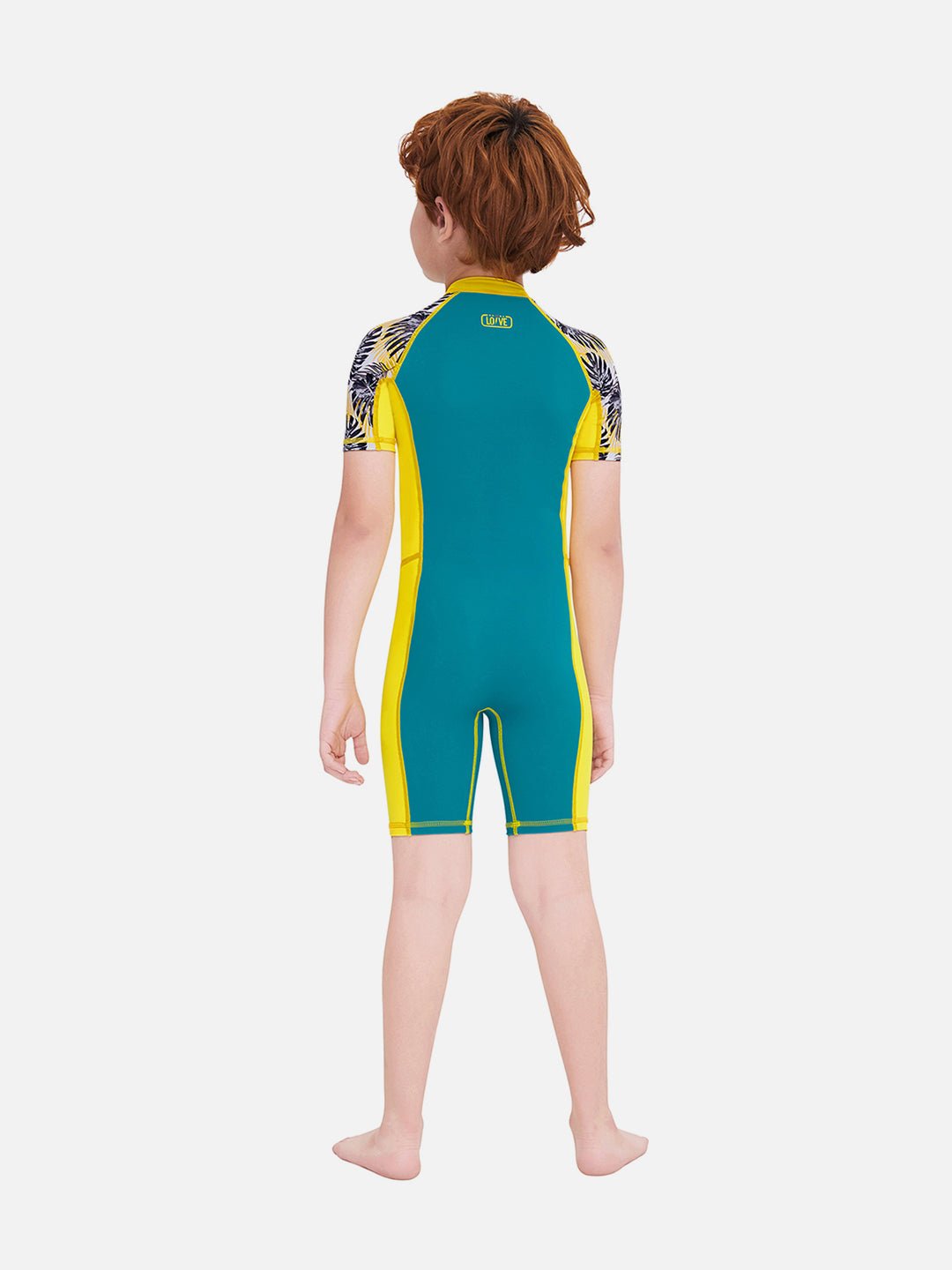 Yellow & Green Palm Leaves Printed Kids UPF 50+ Knee Length Swimsuit