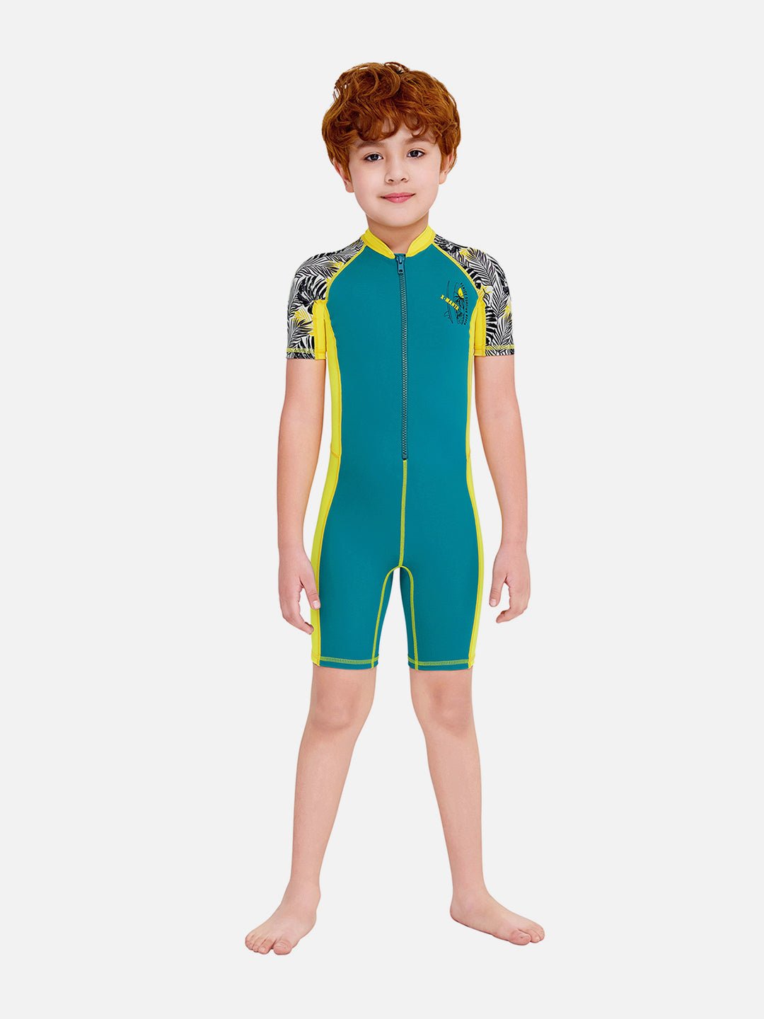 Yellow & Green Palm Leaves Printed Kids UPF 50+ Knee Length Swimsuit