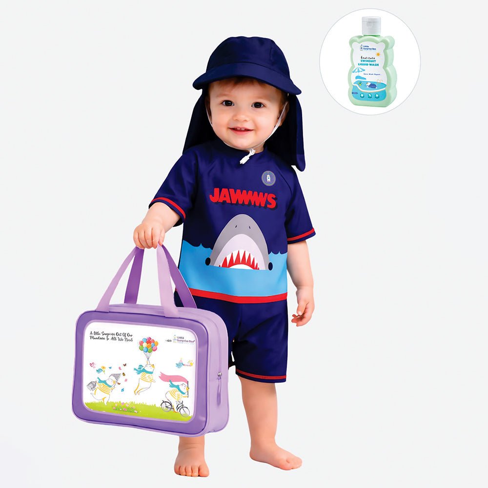 Blue Shark Printed Kids One Piece Swimwear With Free Cap Washbag and Detergent