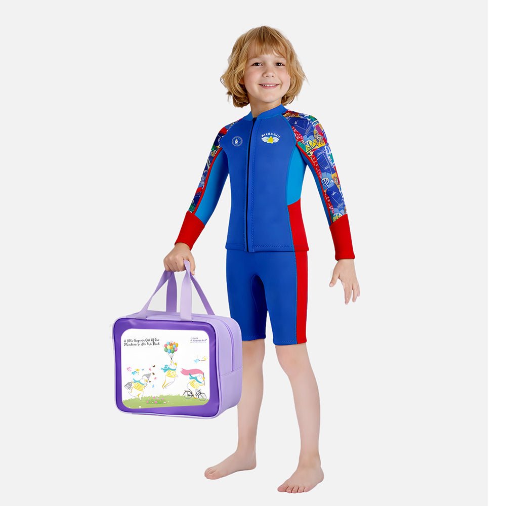 Purple Geometric Printed Kids Full Length Neoprene Swimwear With Free Washbag