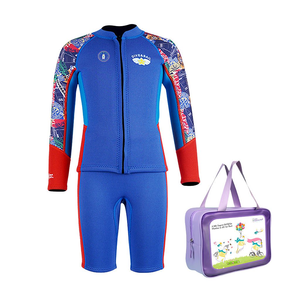 Purple Geometric Printed Kids Full Length Neoprene Swimwear With Free Washbag