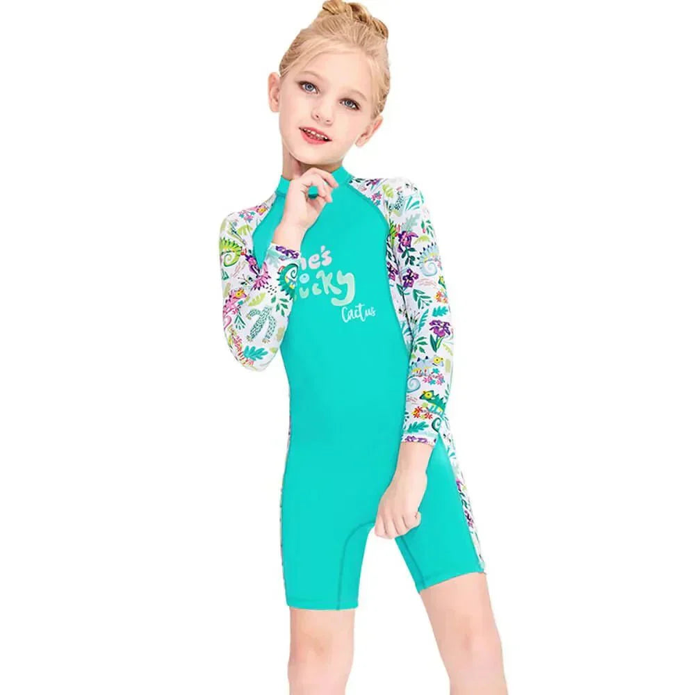 Mint Green Woodland Printed Kids Full Length UPF 50+ Swimwear