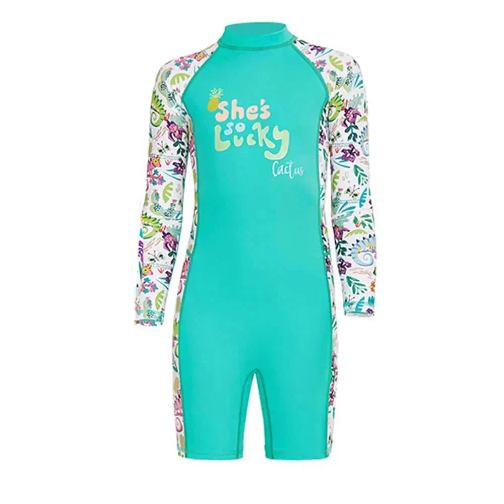 Mint Green Woodland Printed Kids Full Length UPF 50+ Swimwear