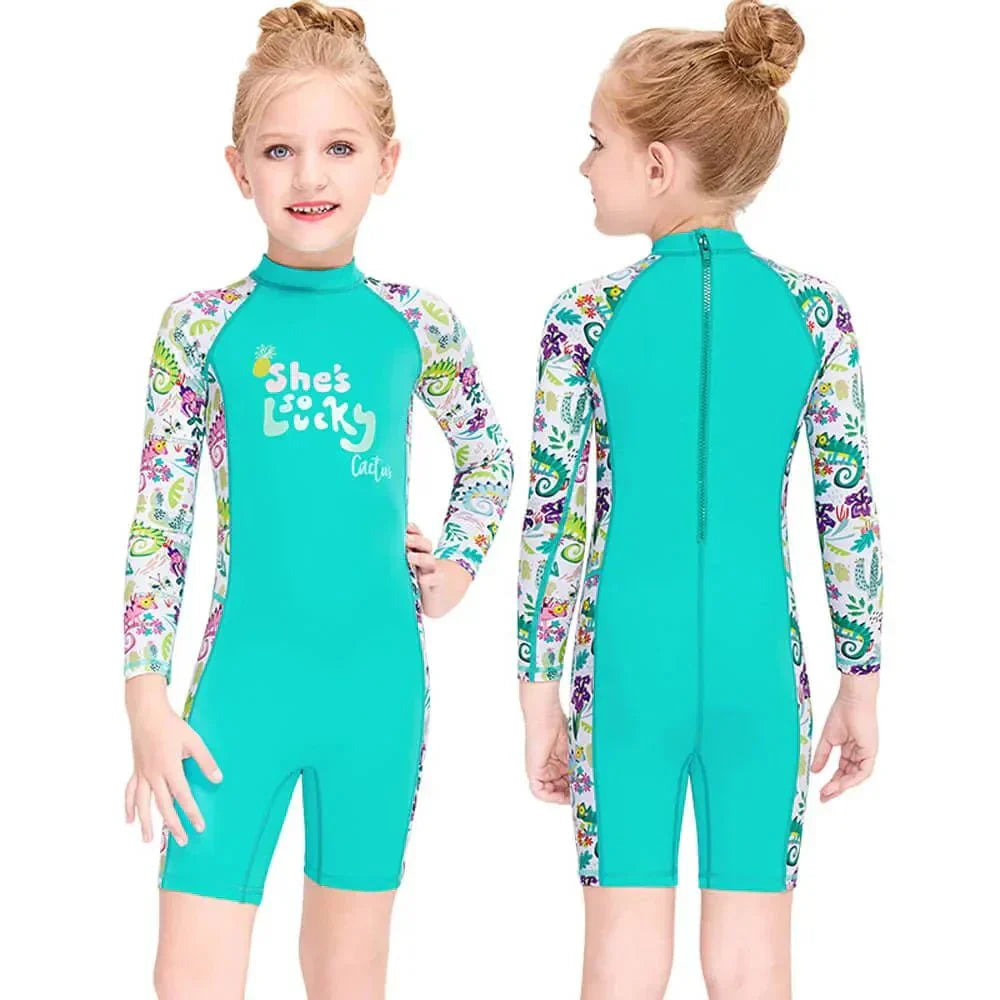 Mint Green Woodland Printed Kids Full Length UPF 50+ Swimwear