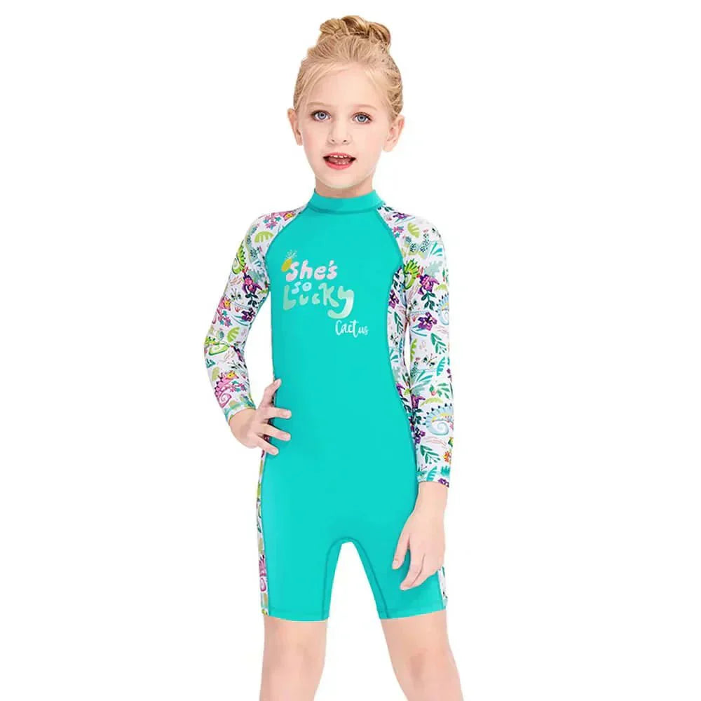 Mint Green Woodland Printed Kids Full Length UPF 50+ Swimwear
