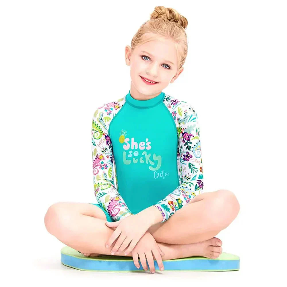 Mint Green Woodland Printed Kids Full Length UPF 50+ Swimwear