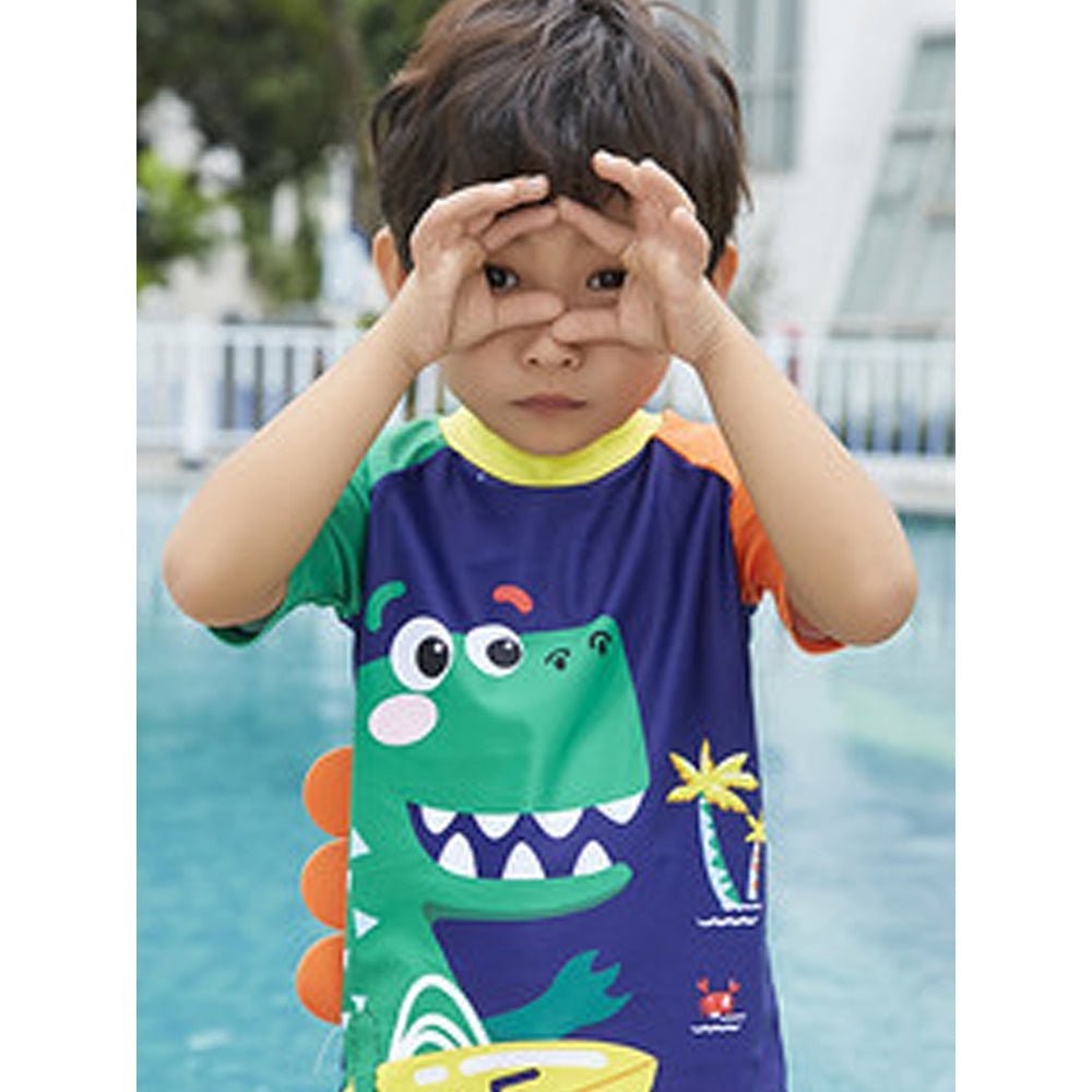 Orange 3D Dinosaur Printed Kids 2-Piece UPF 50+ Swimwear With Free Washbag