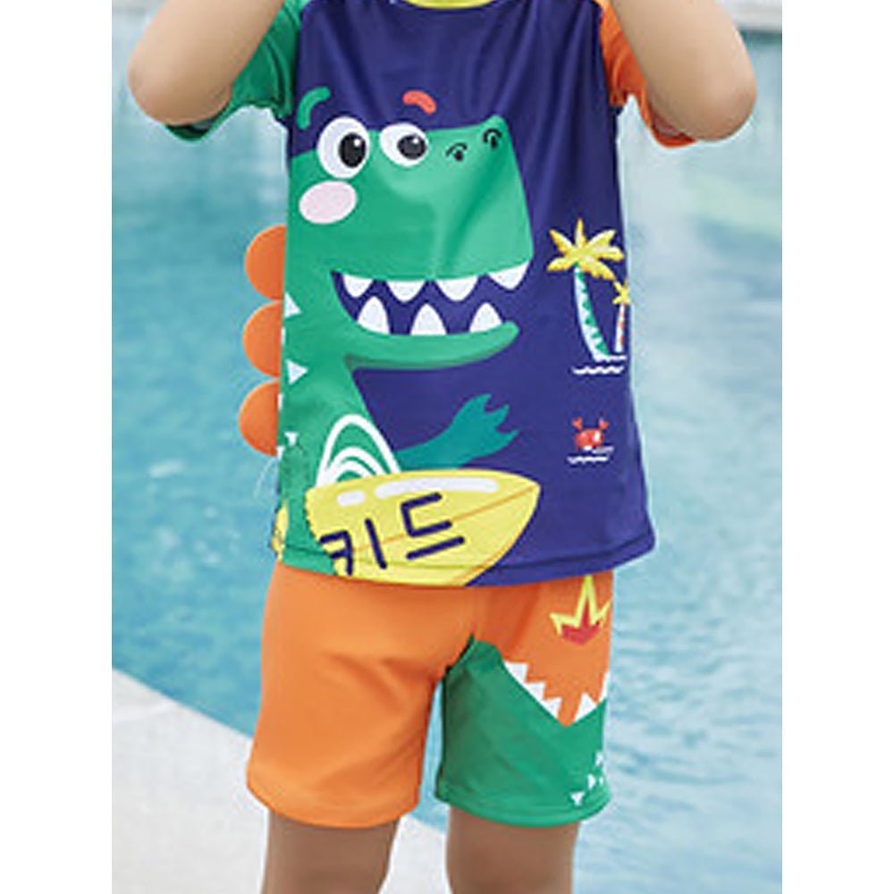 Orange 3D Dinosaur Printed Kids 2-Piece UPF 50+ Swimwear With Free Washbag