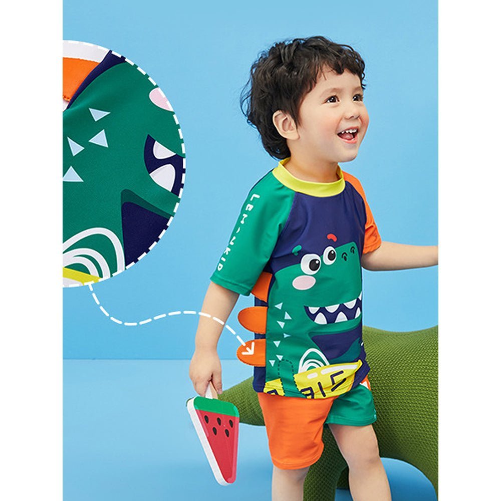 Orange 3D Dinosaur Printed Kids 2-Piece UPF 50+ Swimwear With Free Washbag