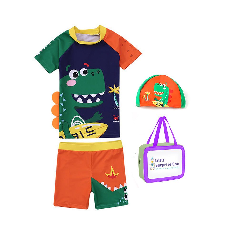 Orange 3D Dinosaur Printed Kids 2-Piece UPF 50+ Swimwear With Free Washbag