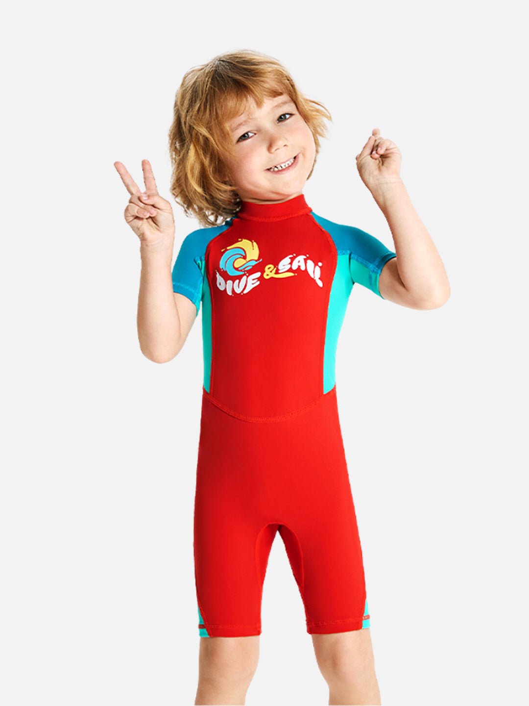 Red & Teal Green Printed Kids Knee Length UPF 50+ Swimwear