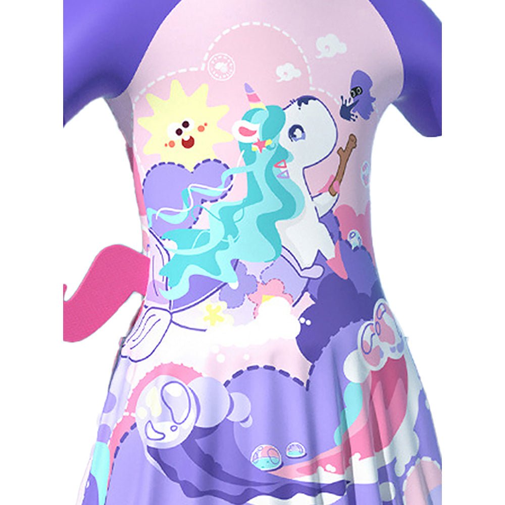 Purple Mermaid Unicorn Printed Kids Frock Style UPF 50+ Swimwear With Free Washbag