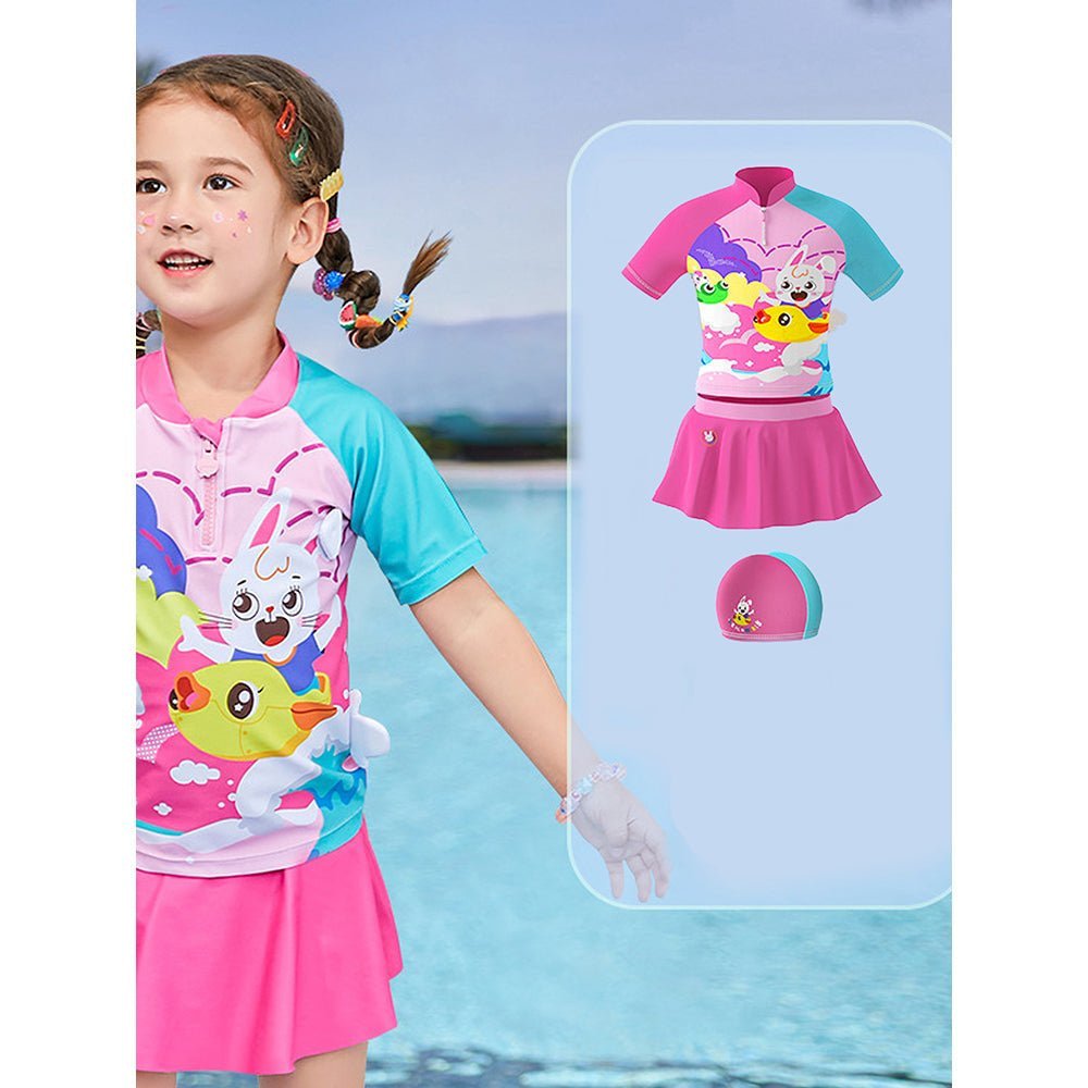 Mint Pink Printed Kids 2-Piece UPF 50+ Swimwear With Free Washbag