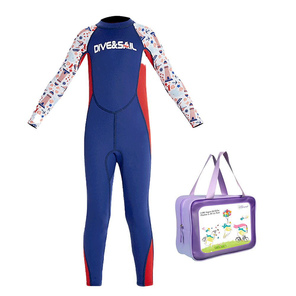 Navy Nautical Printed Kids Neoprene Full Length Swimsuit With Free Washbag
