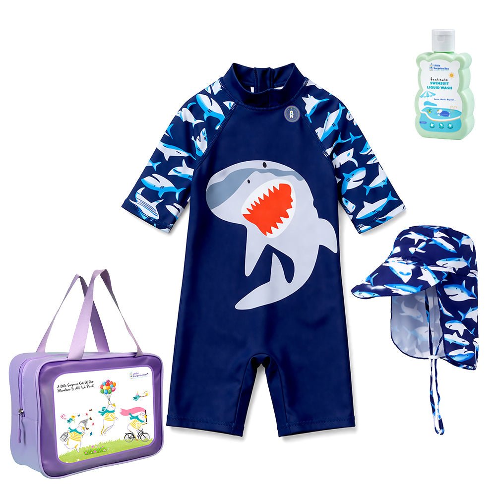 Navy Shark Printed Kids Swimwear Set With Free Washbag & Detergent