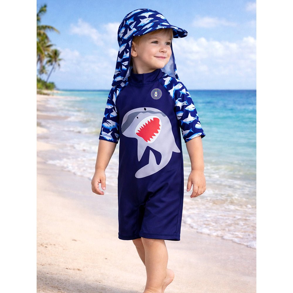 Navy Shark Printed Kids Swimwear Set With Free Washbag & Detergent