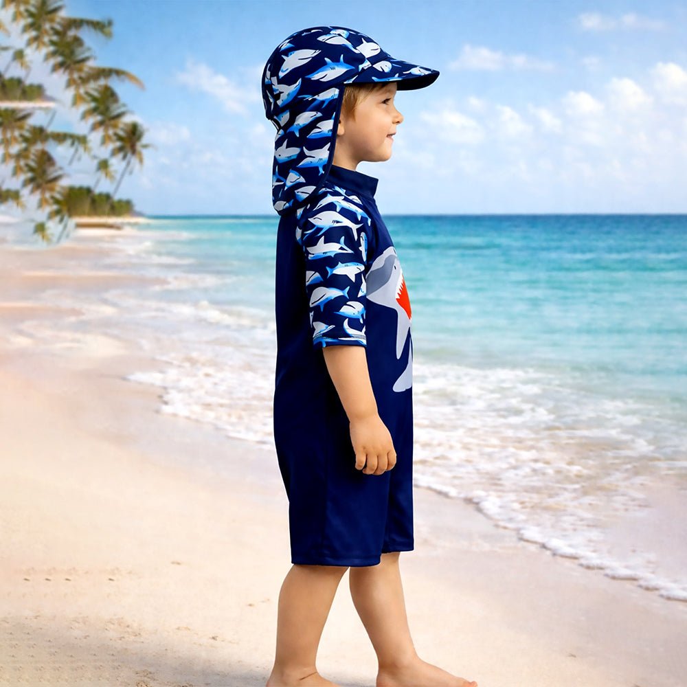 Navy Shark Printed Kids Swimwear Set With Free Washbag & Detergent