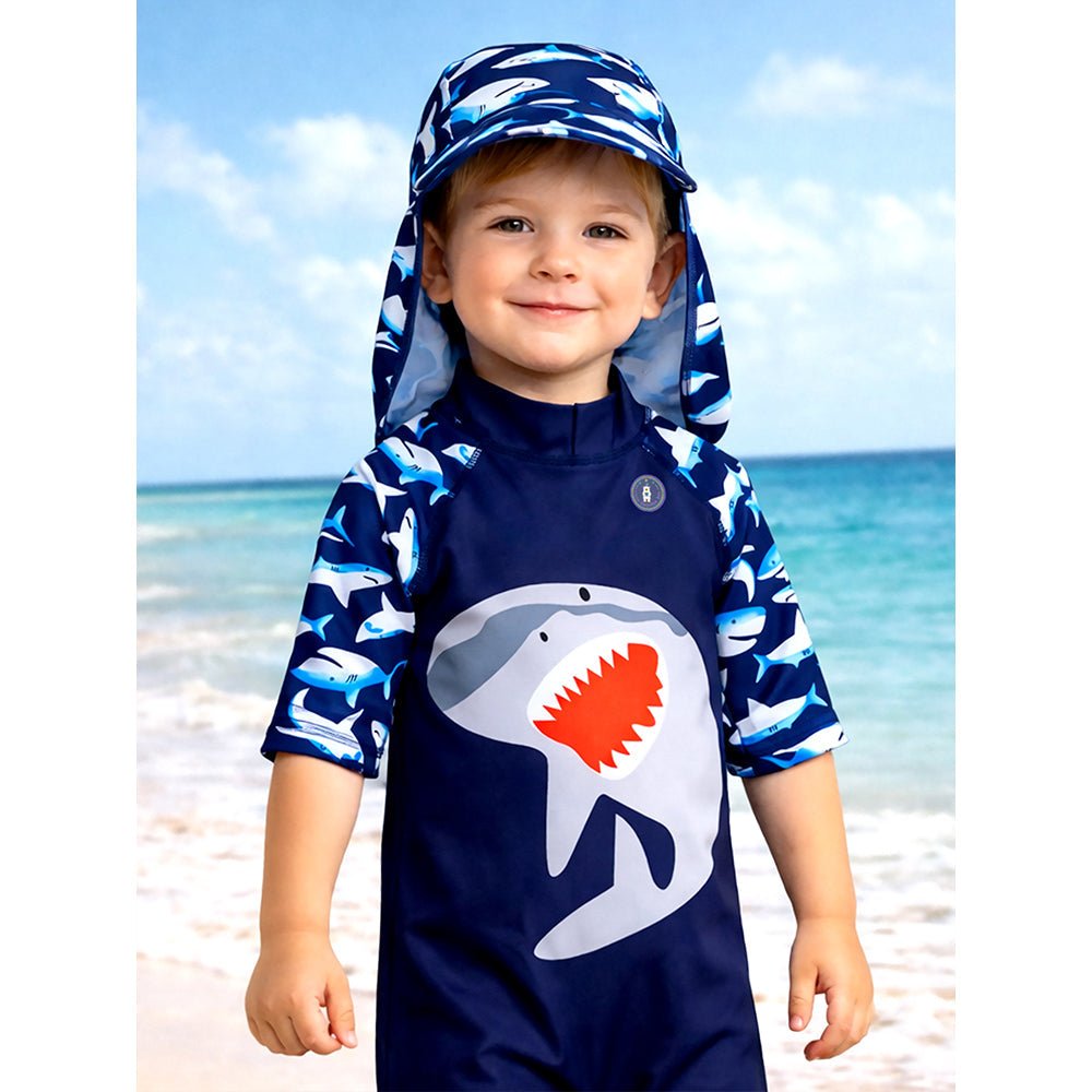 Navy Shark Printed Kids Swimwear Set With Free Washbag & Detergent