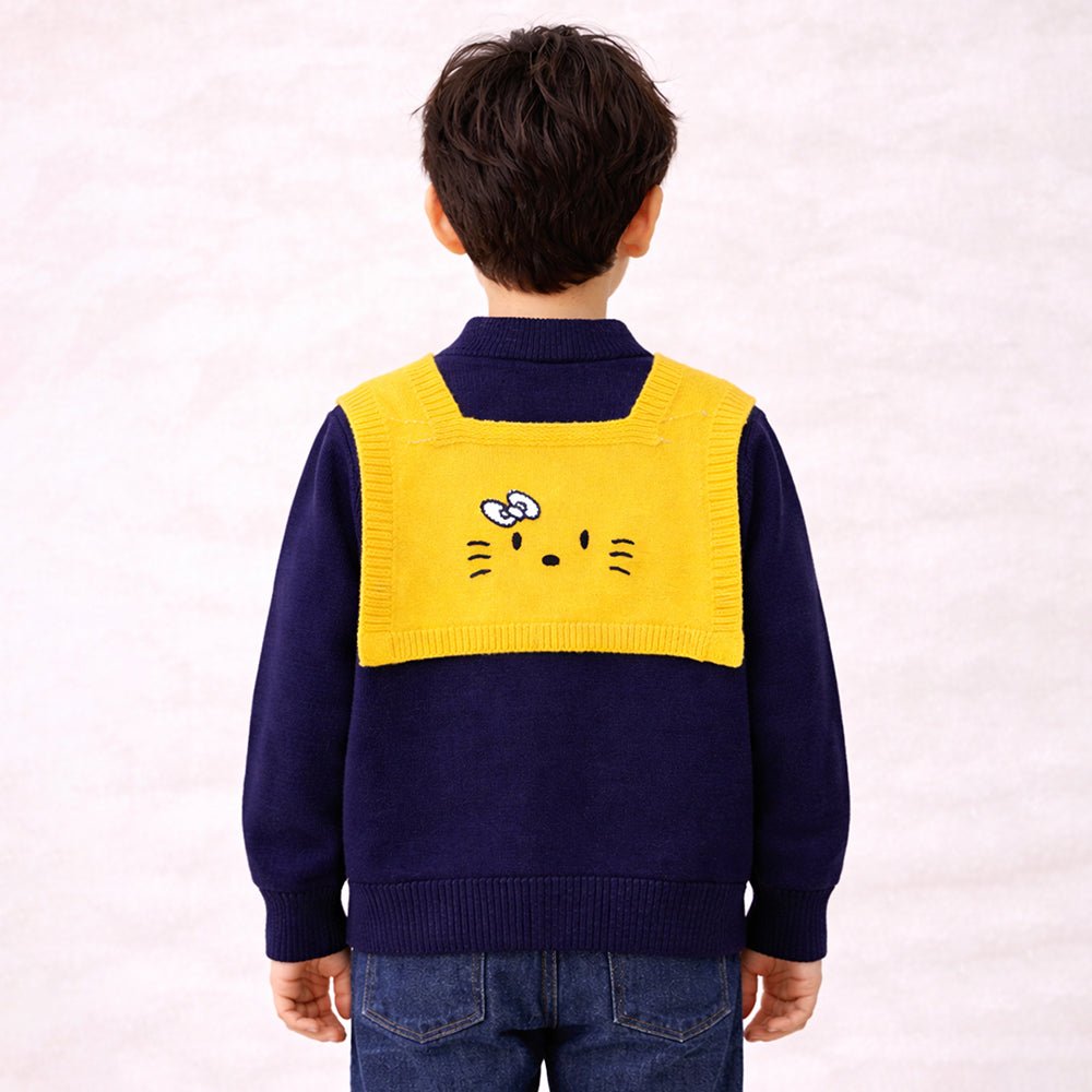 Little Surprise Box Navy Yellow Cat Design Cardigan With Muffler For Kids