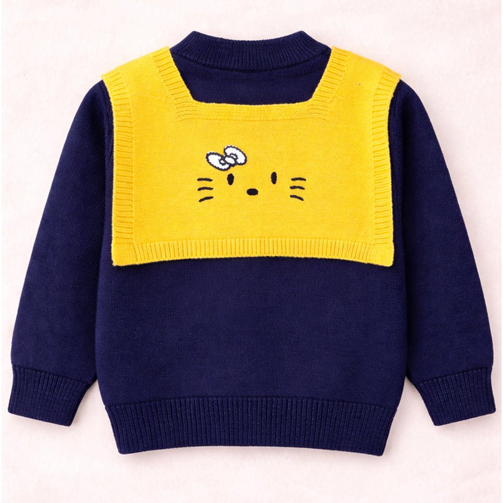 Little Surprise Box Navy Yellow Cat Design Cardigan With Muffler For Kids