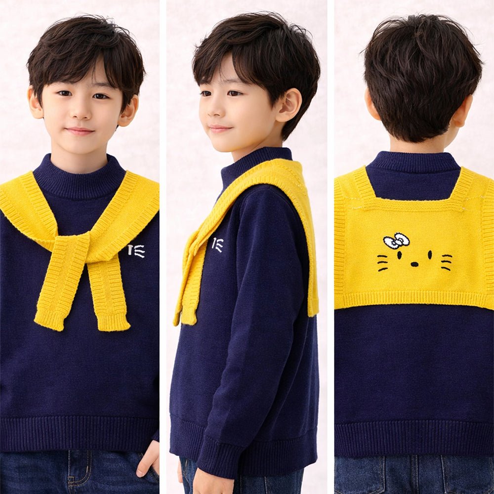 Little Surprise Box Navy Yellow Cat Design Cardigan With Muffler For Kids
