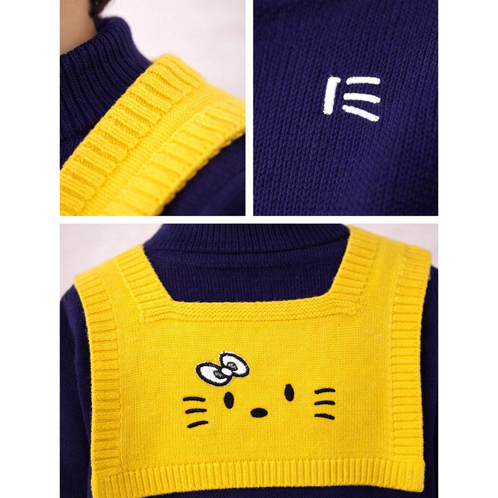 Little Surprise Box Navy Yellow Cat Design Cardigan With Muffler For Kids
