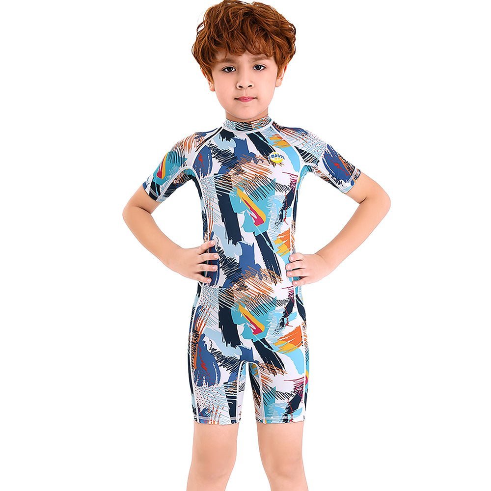 Multicolor Geometric Printed Kids UPF 50+ Knee Length Swimsuit With Matching Cap