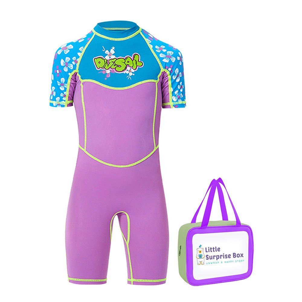 Purple & Blue Floral Printed Kids UPF 50+ Knee Length Swimsuit With Matching Cap