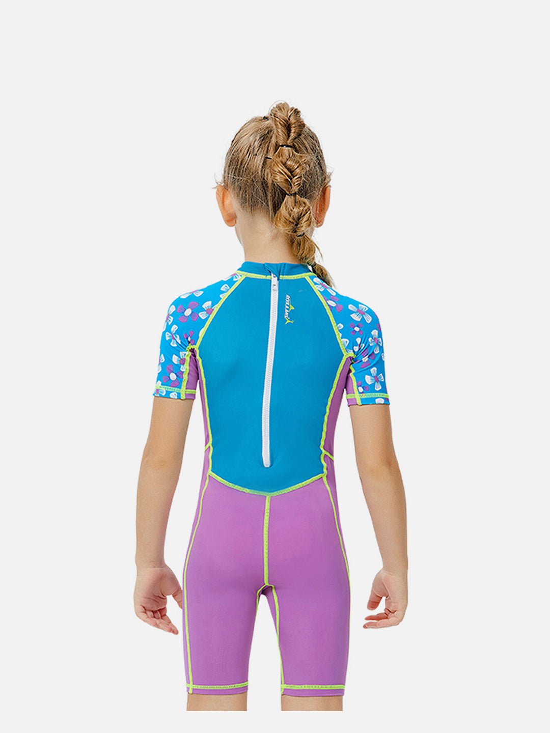 Purple & Blue Floral Printed Kids UPF 50+ Knee Length Swimsuit With Matching Cap