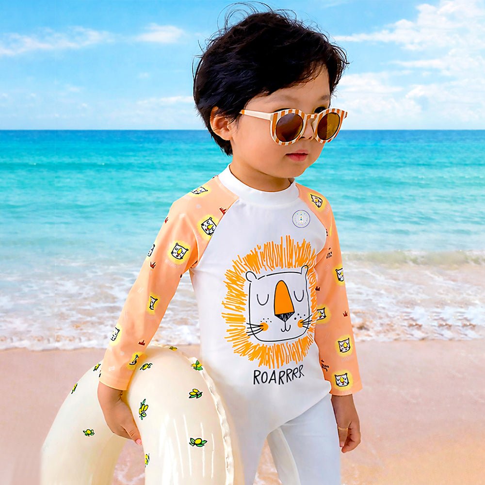 Orange Roar Lion Printed Kids 2-Piece UPF Swimwear With Free Washbag