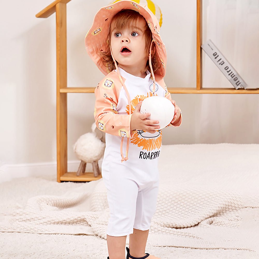Orange Roar Lion Printed Kids 2-Piece UPF Swimwear With Free Washbag