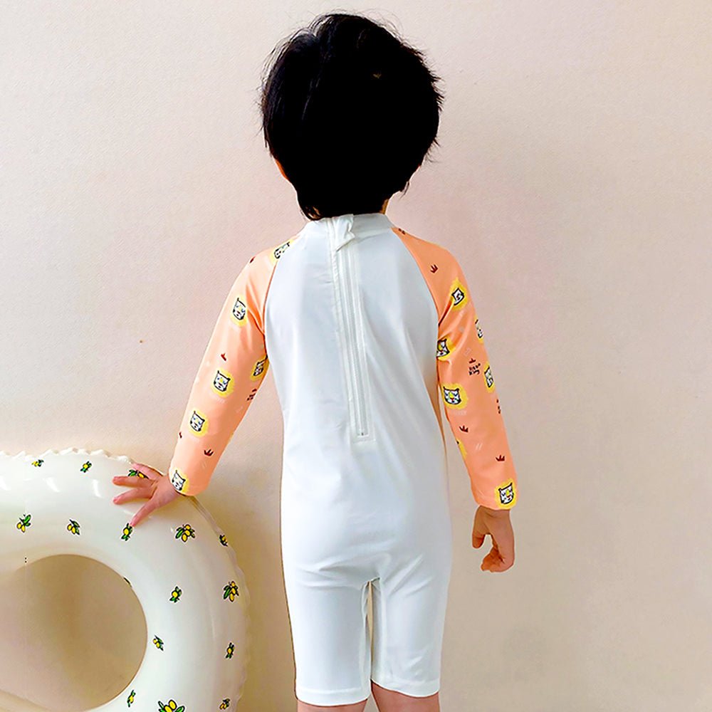 Orange Roar Lion Printed Kids 2-Piece UPF Swimwear With Free Washbag