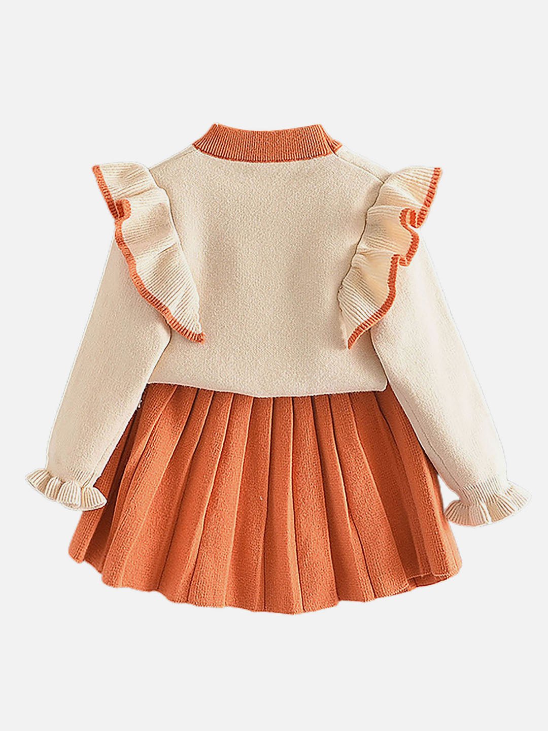 Little Surprise Box Orange Ruffled Shoulder 2 Pcs Sweatshirt & Skirt Set For Girls