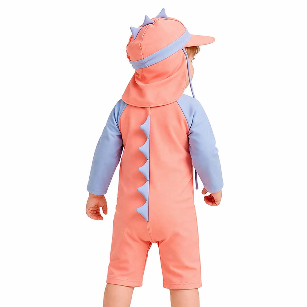 Peach Blue Spiked Dino Printed Kids Knee Length Swimwear With Free Washbag & Detergent