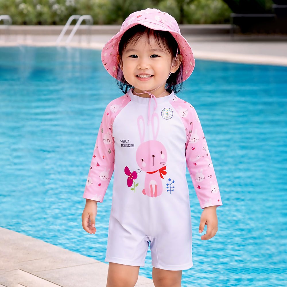 Pink Bunny Printed Kids Knee Length UPF Swimwear With Free Washbag
