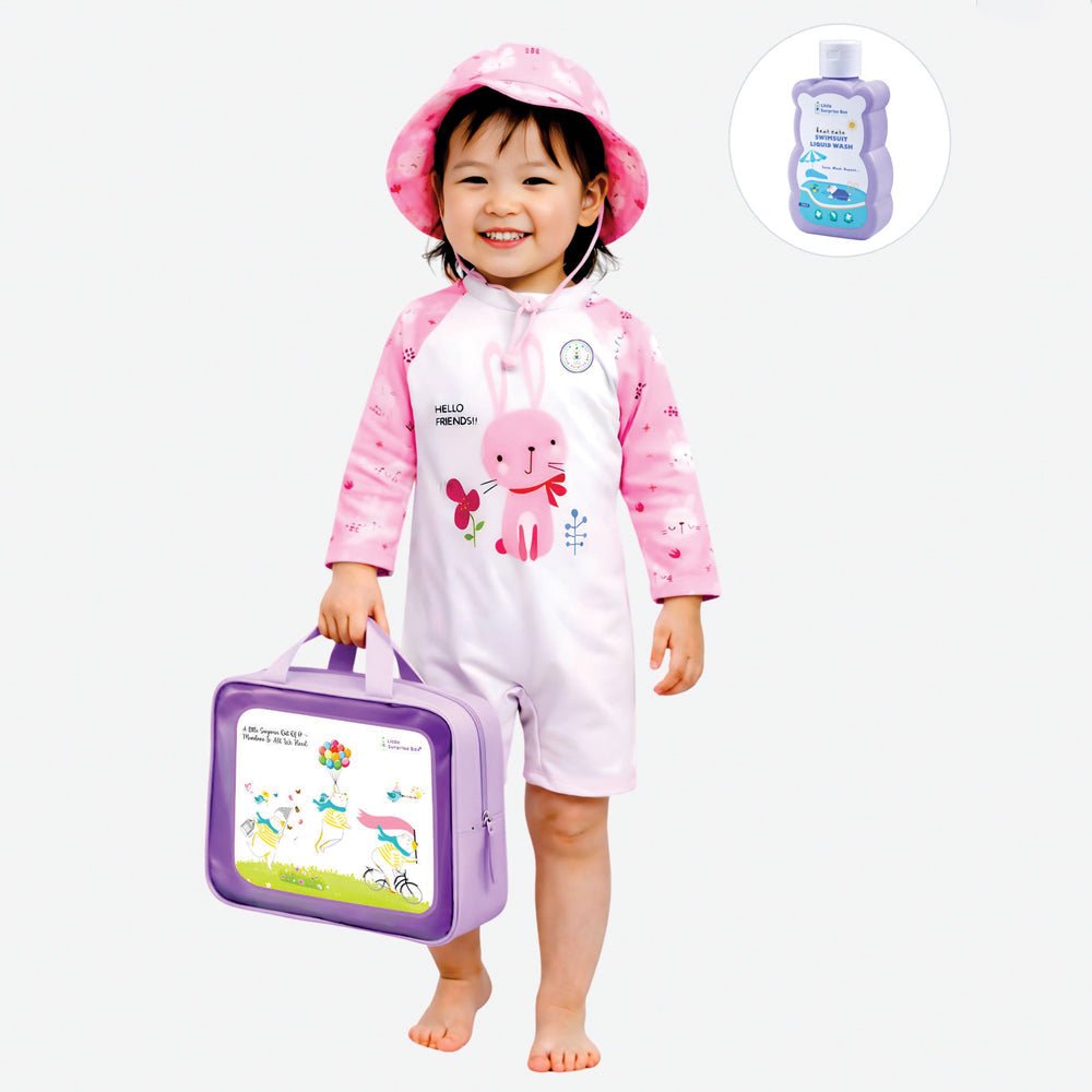 Pink Bunny Printed Kids Knee Length UPF Swimwear With Free Washbag