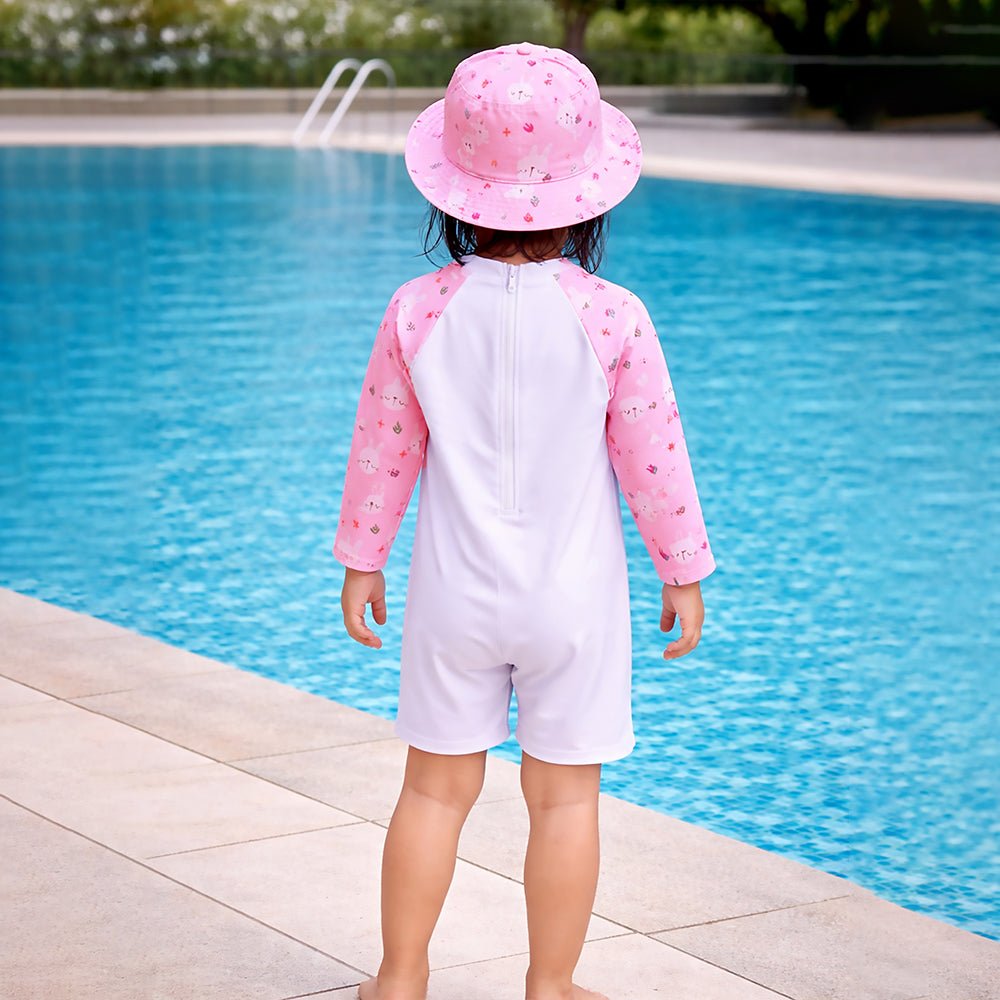 Pink Bunny Printed Kids Knee Length UPF Swimwear With Free Washbag