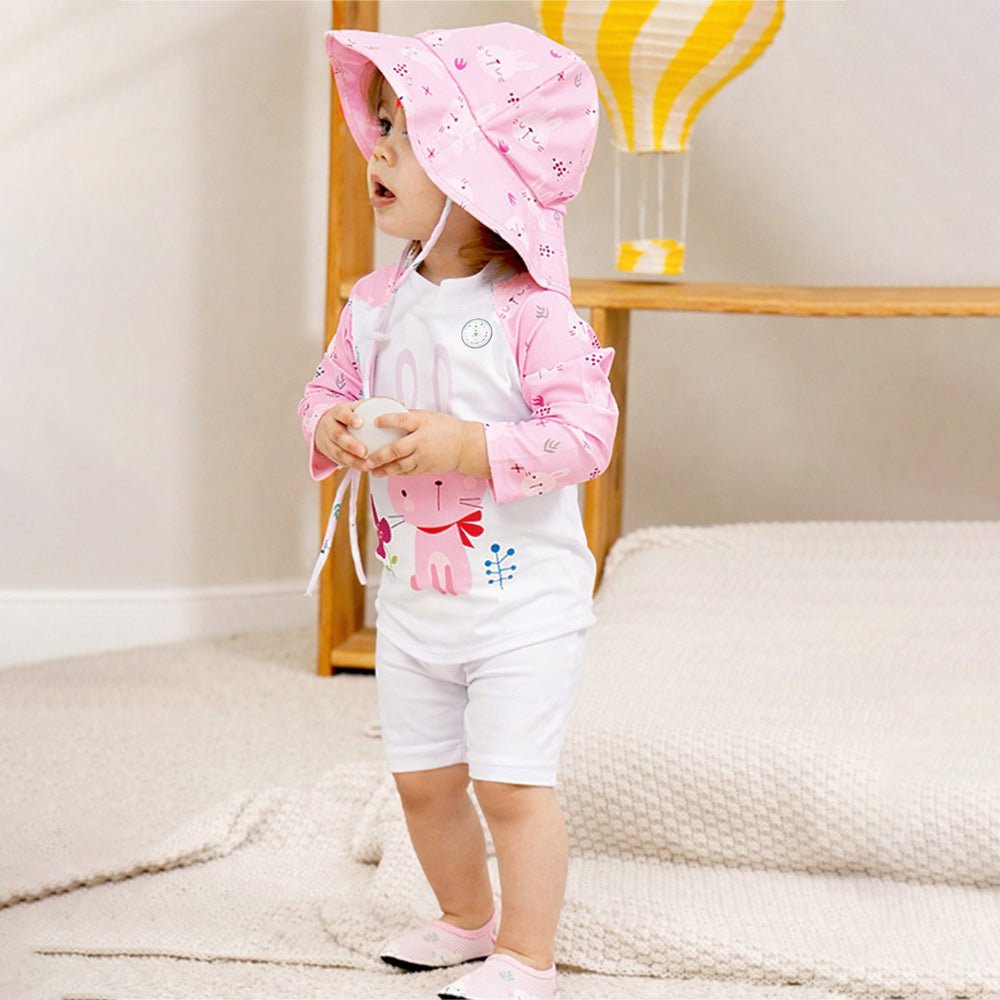 Pink Bunny Printed Kids Knee Length UPF Swimwear With Free Washbag