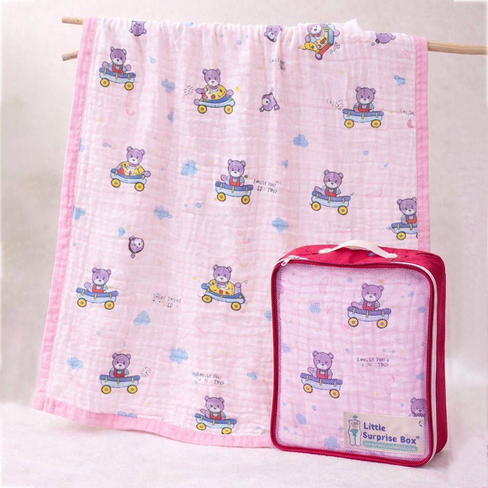 Pink Cart Teddy 1 PC Kids Cotton Muslin Blanket With Free Storage Pouch