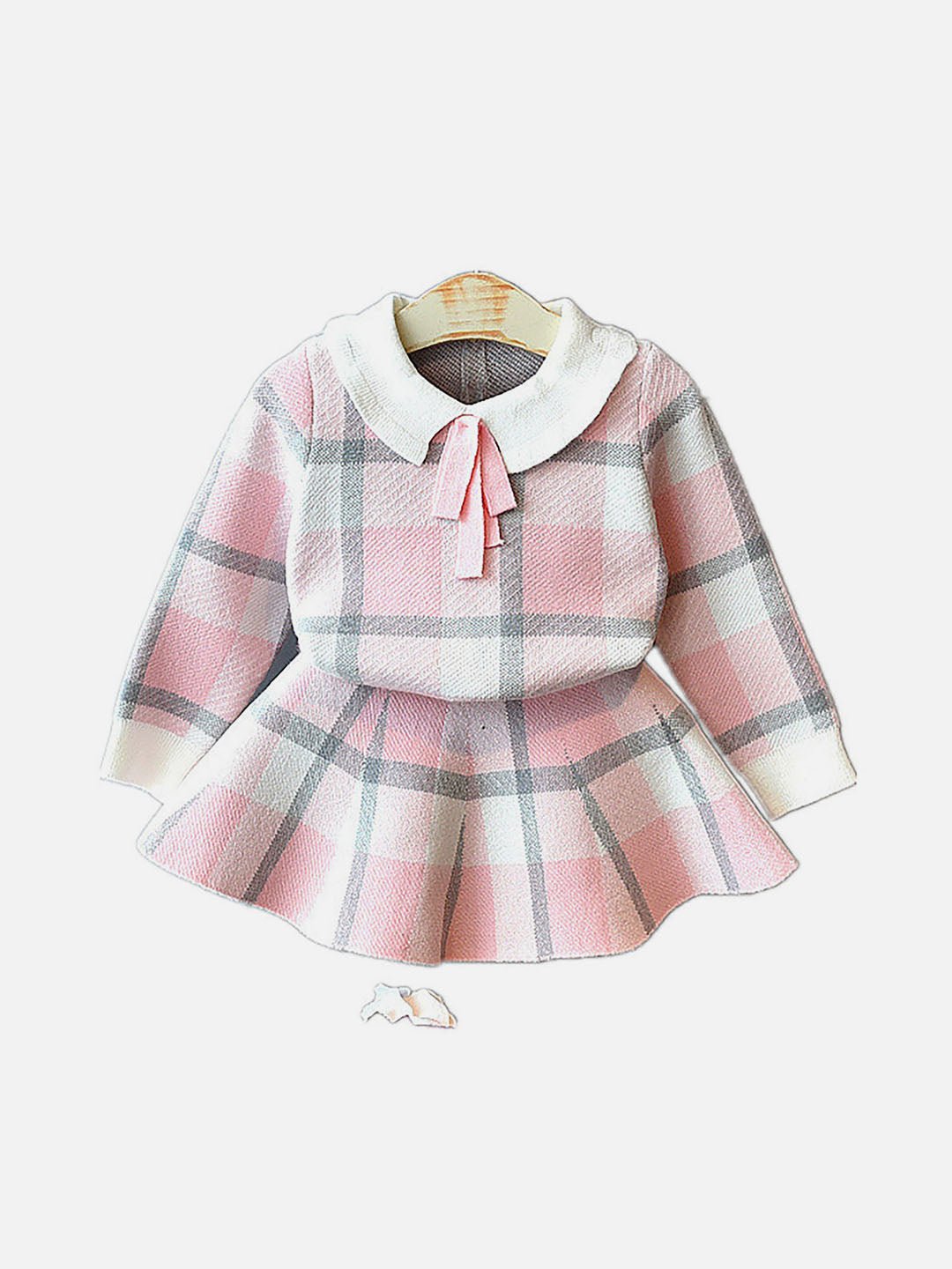 Little Surprise Box Pink Plaid Peter Pan Collar Sweatshirt Skirt Winterwear Set For Girls