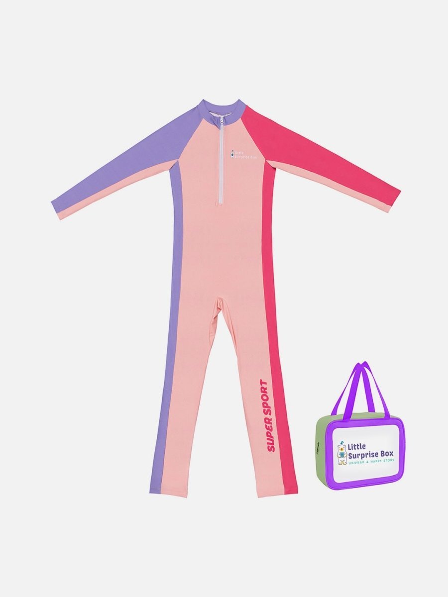 Pink Tri Colour Printed Kids Full Length UPF 30+ Swimwear With Free Washbag