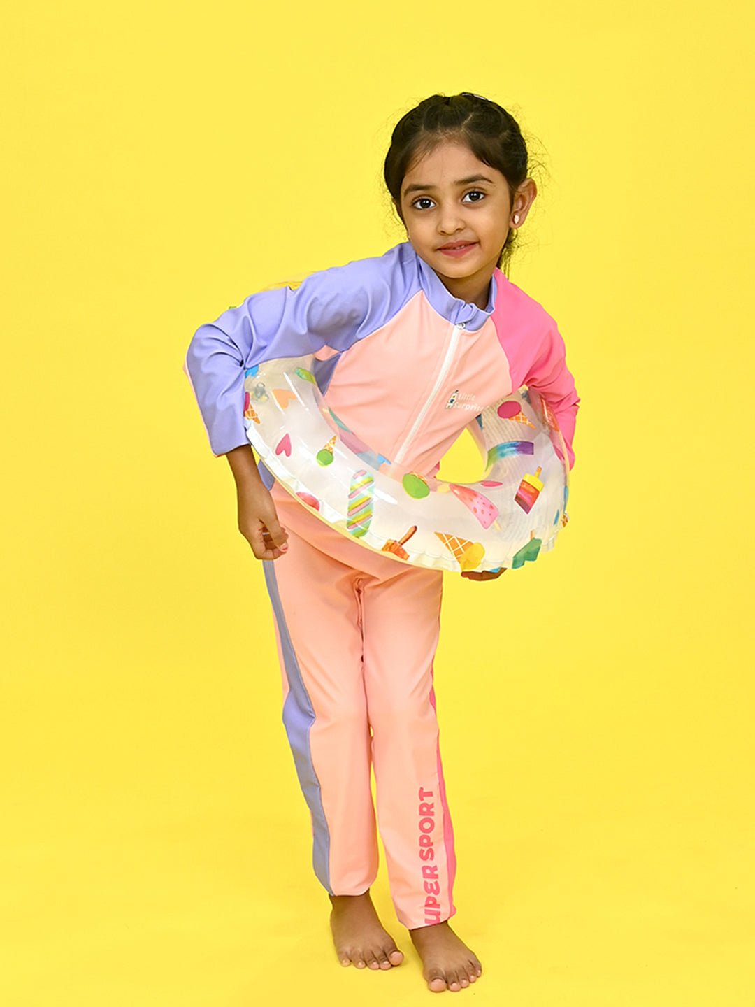 Pink Tri Colour Printed Kids Full Length UPF 30+ Swimwear With Free Washbag