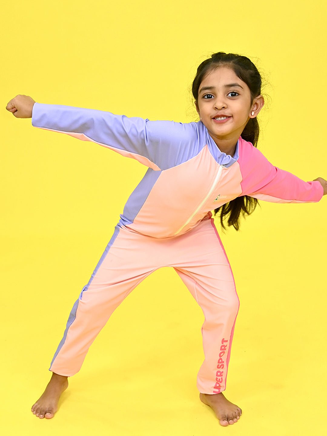 Pink Tri Colour Printed Kids Full Length UPF 30+ Swimwear With Free Washbag