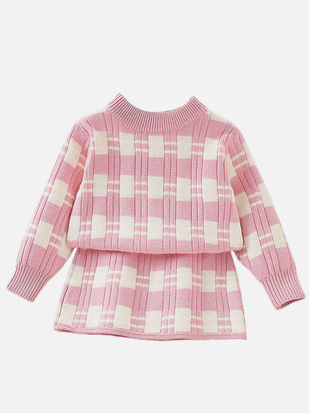 Little Surprise Box Pink White Checkered Pullover Top Skirt Winterwear Set For Girls