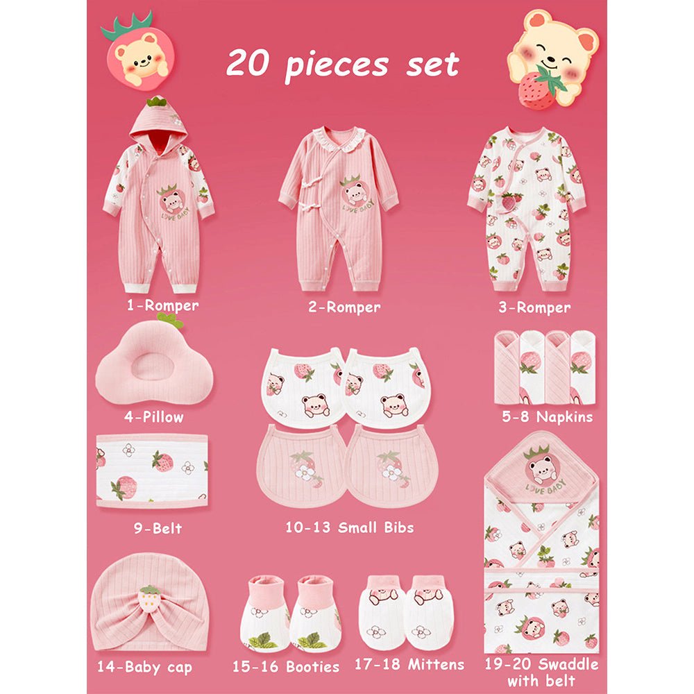 Pinkberry Ted 20 PCS Newborn Baby Girl Gift Box With Rompers And Swaddle