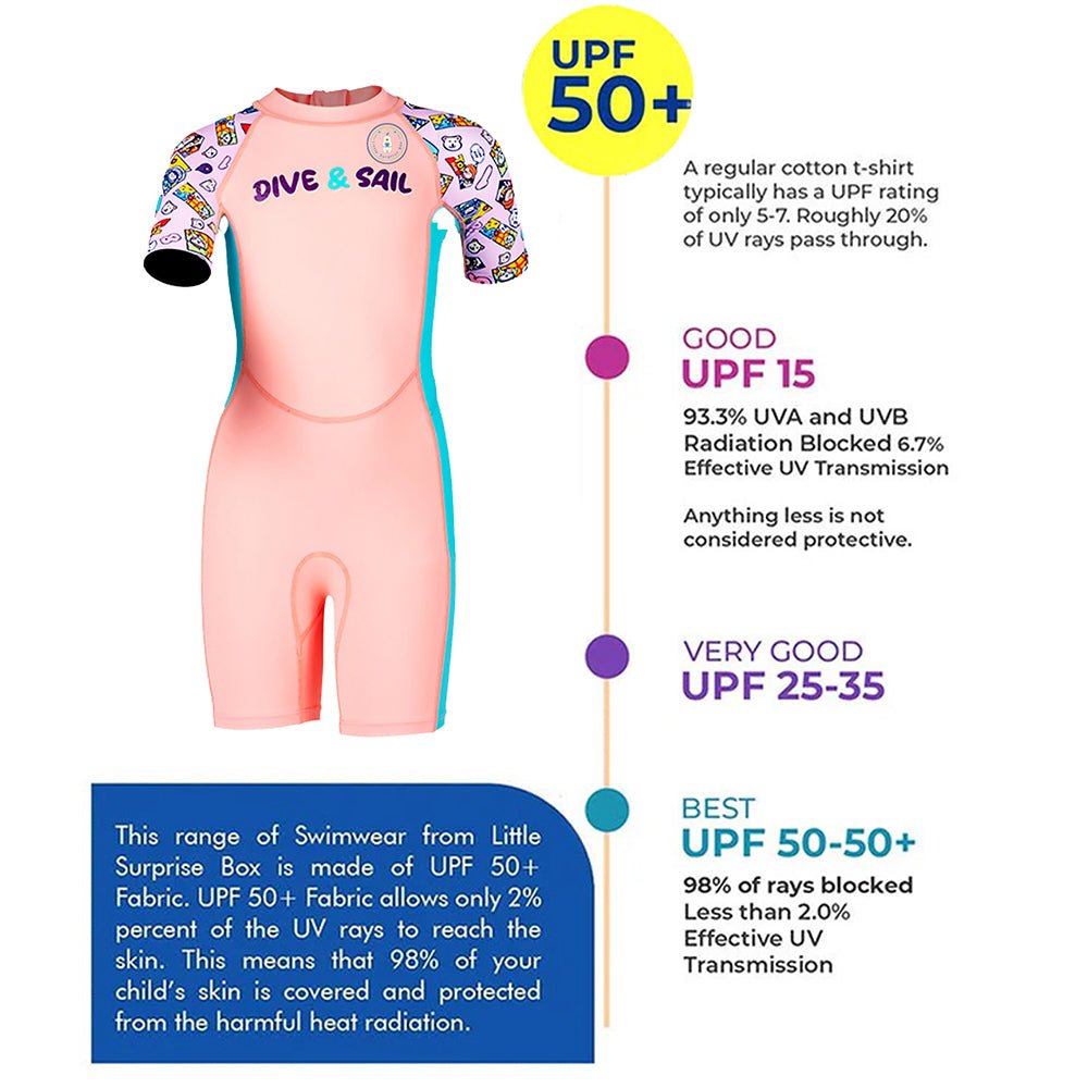 Pink Dive and Sail Printed Kids Knee Length UPF 50+ Swimwear With Free Washbag