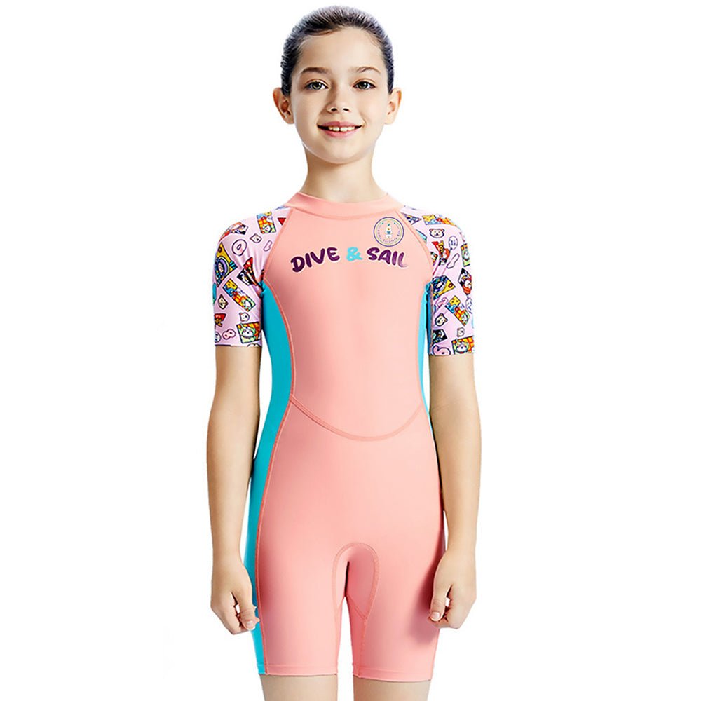 Pink Dive and Sail Printed Kids Knee Length UPF 50+ Swimwear With Free Washbag
